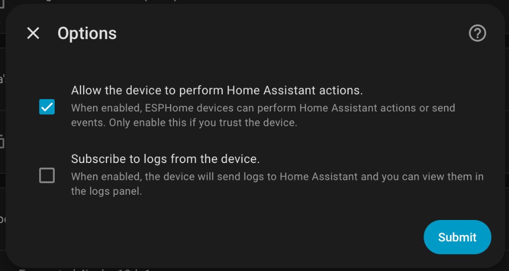 Options dialog with the actions checkbox enabled