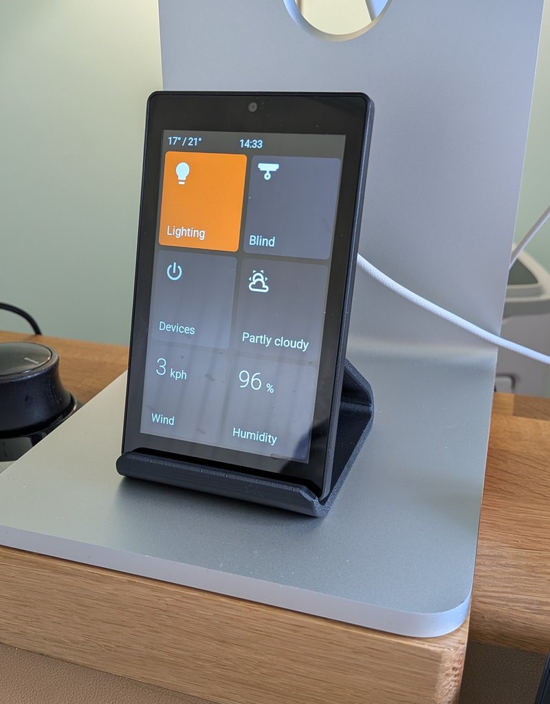 EspControl on the 4.3-inch JC4880P443: portrait home screen with temperature, clock, and control tiles