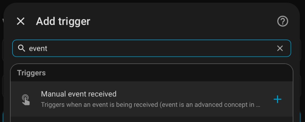 Add trigger dialog with "event" search showing Manual event received