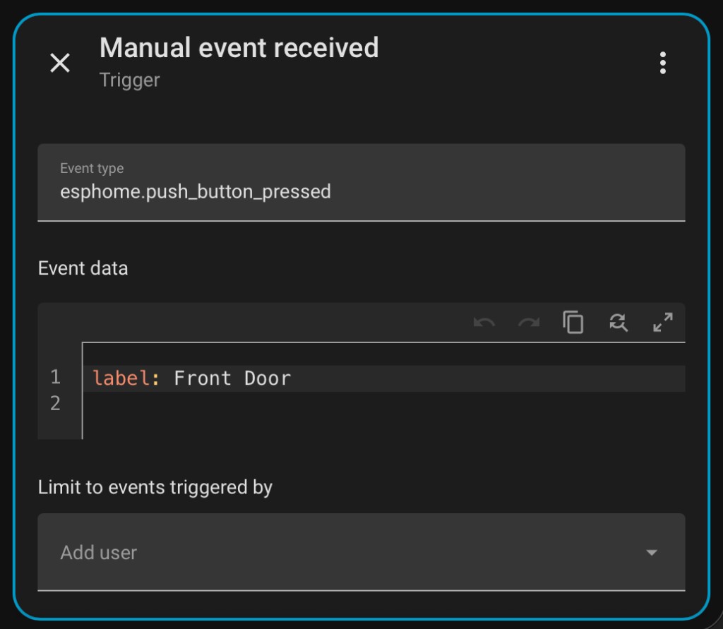 Event trigger configured with esphome.push_button_pressed and label Front Door