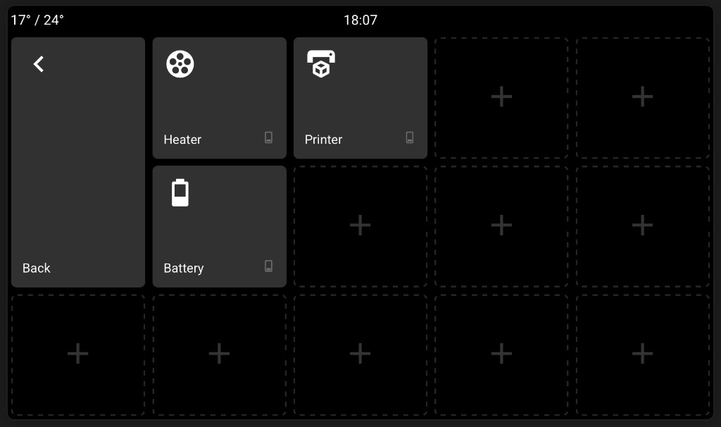 Subpage screen showing Back button and cover position buttons