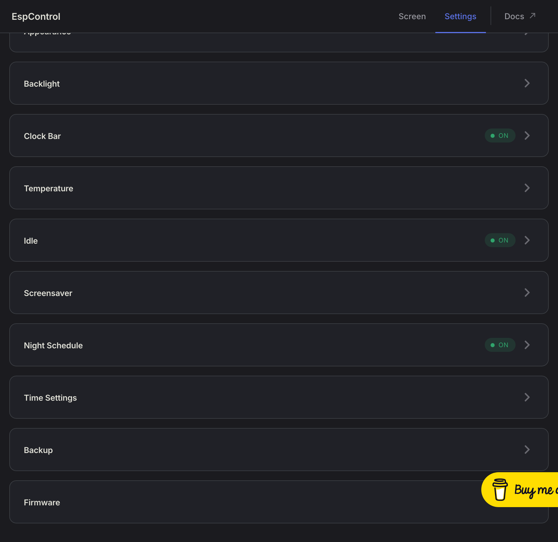Settings tab showing appearance, backlight, schedule, clock, and firmware controls